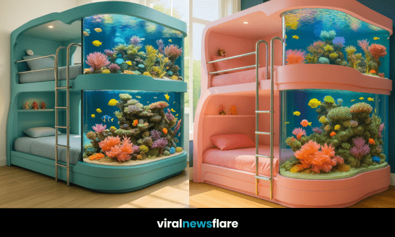 Stylish children’s bunk bed with a large built-in aquarium featuring coral reefs and colourful fish.