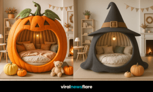 Collection of creative Halloween-themed beds including pumpkin, haunted house, witch hat, and ghost designs.