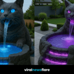 Large cat-shaped hot tub design with glowing neon water feature in a modern garden