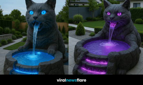 Large cat-shaped hot tub design with glowing neon water feature in a modern garden