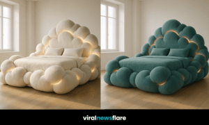 Collection of oversized luxury cloud beds in various colours with glowing light accents.