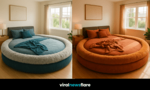 Luxury round fur-trimmed bed in a contemporary bedroom with soft natural lighting.