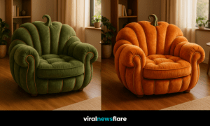 umpkin-shaped armchair in a modern living room, highlighting whimsical seasonal furniture design.