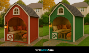 A collection of colourful Harvest Barn Pods in yellow, red, green, and blue, designed as autumn garden retreats.