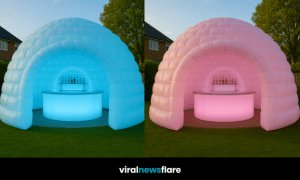 Inflatable igloo bar glowing with LED lights, the ultimate garden party centrepiece
