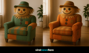 A set of Scarecrow Chairs in purple, orange, red, and green designs, styled as whimsical autumn-inspired furniture.