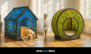 A collection of artistic stained glass pet houses in circular and house-shaped designs, glowing in natural sunlight.