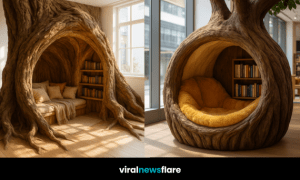 Enchanted tree reading nook with natural wood textures, cosy seating, and built-in bookshelves beside a large window.