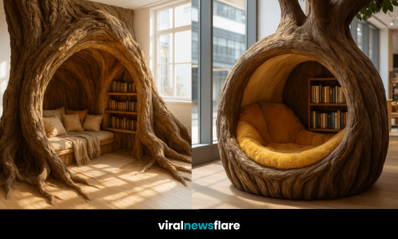 Enchanted tree reading nook with natural wood textures, cosy seating, and built-in bookshelves beside a large window.