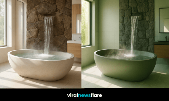 Freestanding waterfall bathtub with stone wall feature in luxury bathroom