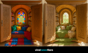 Collection of enchanted reading nook designs including floral, stained glass, rustic, and mystical styles.