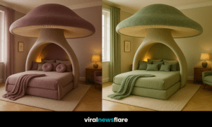 Collection of mushroom bed designs in red, pink, green, and amber tones for stylish bedroom interiors.