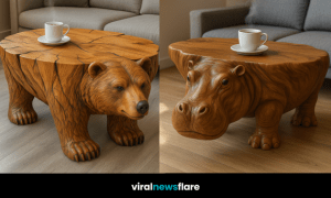 Wooden lion coffee table serving as a centrepiece in a stylish living room.