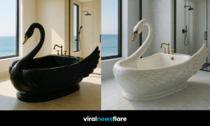 Collection of elegant swan shaped bathtubs in black, pink, lavender, and ivory colours, styled in modern bathrooms with sea views.