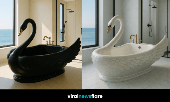 Collection of elegant swan shaped bathtubs in black, pink, lavender, and ivory colours, styled in modern bathrooms with sea views.