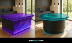 A glowing aurora-inspired kitchen island in turquoise tones, set in a modern minimalist kitchen with natural light.