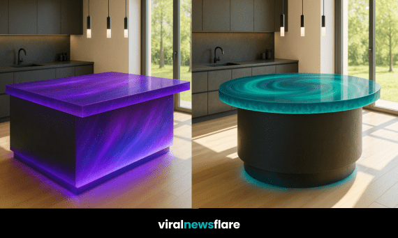 A glowing aurora-inspired kitchen island in turquoise tones, set in a modern minimalist kitchen with natural light.