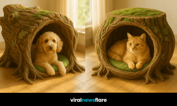 Nature-inspired tree trunk pet bed with moss details and leafy carvings designed for cats and small dogs