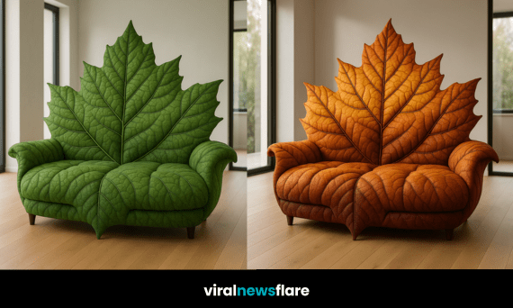 Nature-inspired leaf sofa in warm orange autumn tones, a unique design blending comfort and seasonal style.