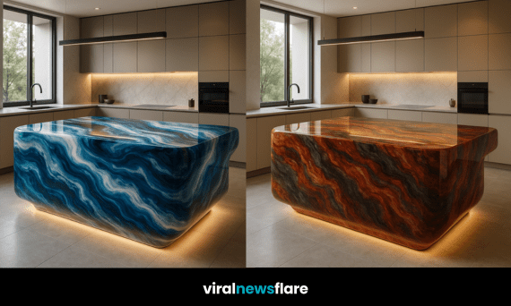 Collection of bold gemstone-inspired kitchen islands in red, blue, green, and golden tones with glowing under-lighting