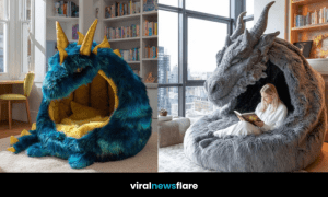 Oversized dragon reading chair with plush faux fur design in a modern library