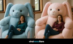 Collection of oversized bunny armchairs in pastel shades including blue, pink, cream, and grey.