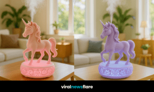 Collection of unicorn-shaped humidifiers in white, green, purple, and pink with glowing bases releasing steam.