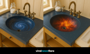 Cosmic-themed bathroom sink with a swirling galaxy pattern