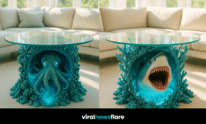 Collection of ocean-inspired glass top coffee tables with marine sculptures in coral reef bases