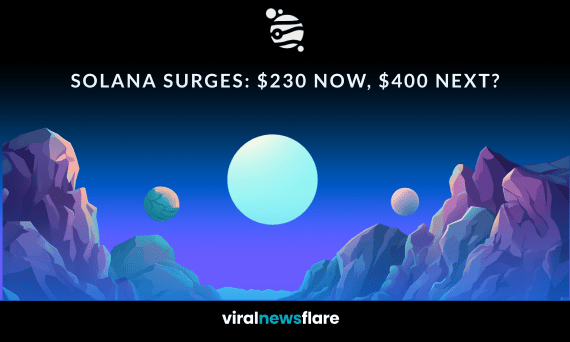 Digital artwork header showing Solana price surge with futuristic crypto landscape, highlighting Solana’s rise from $230 to $400 potential.