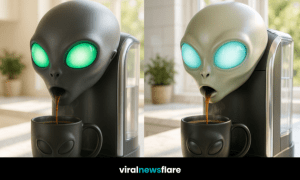 A collection of alien coffee machines with glowing eyes in different colours brewing coffee into themed mugs.