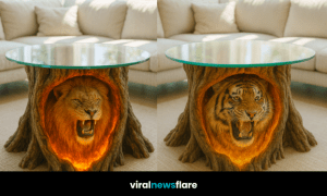 Collection of animal-inspired coffee tables featuring tiger, lion, leopard, and cat designs with glowing bases