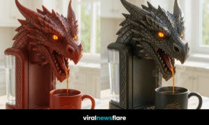 A dragon coffee machine pouring hot coffee into a matching dragon mug in a modern kitchen.