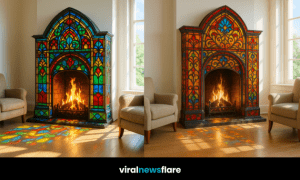 Collection of ornate stained glass fireplaces in multiple colours, combining Gothic artistry with modern living spaces.
