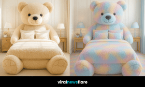 A collection of oversized bear beds in beige, rainbow, pink, and blue, showcasing playful bedroom furniture designs.