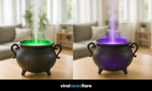 A set of glowing cauldron diffusers emitting colourful mist, adding a mystical touch to home décor.