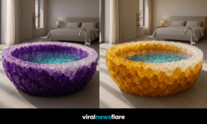 Collection of gemstone-inspired crystal bathtubs in emerald, sapphire, citrine, and amethyst displayed in luxury bedroom interiors.