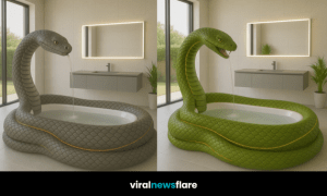 Sculptural snake-shaped bathtub as a dramatic centrepiece in luxury bathroom interior.