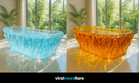 Collection of elemental bathtubs in red, blue, amber, and green symbolising fire, water, earth, and air.