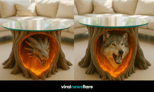 Collection of striking glass-top coffee tables featuring wolf, snake, dragon, and bear sculptures inside glowing tree bases.