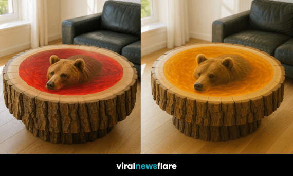 Collection of bear coffee tables in green, amber, red, and turquoise resin designs with realistic bear sculptures.