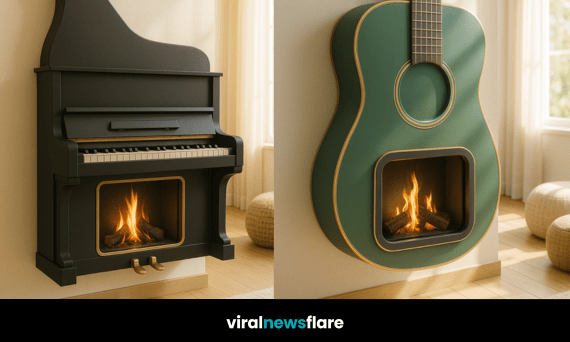 Selection of fireplaces shaped like musical instruments including piano, guitar, and violin.