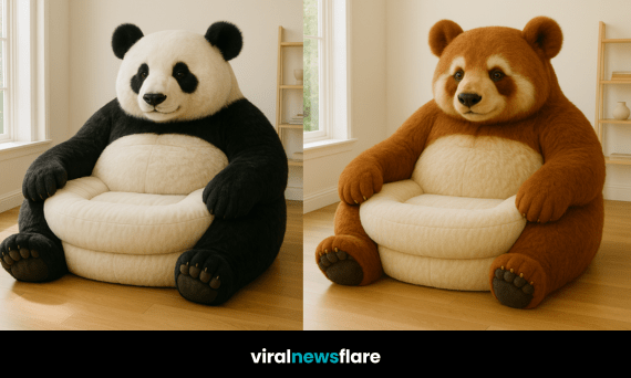 A collection of oversized panda armchairs in blue, pink, black, and brown displayed in a light modern room.