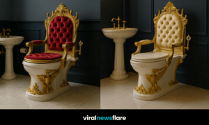 ollection of ornate royal throne toilets with gold detailing and velvet upholstery in bold colours