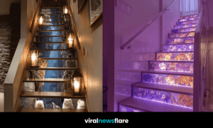Illuminated staircase decorated with glowing kitten imagery