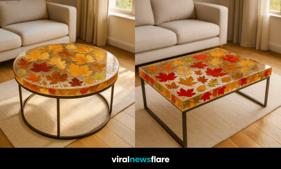 Stylish autumn leaf resin coffee table showcasing preserved leaves in a bright and modern living room.