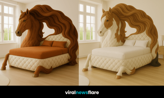 horse-shaped beds in various colours including chestnut, black and white, brown, and black, displayed in stylish interiors.
