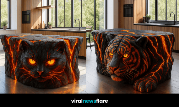 Dramatic lion-shaped volcanic stone kitchen island with glowing lava cracks in a modern kitchen setting.