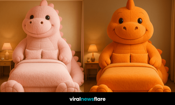 Dinosaur-shaped novelty bed in green with oversized plush construction, creating a bold statement in a modern bedroom.