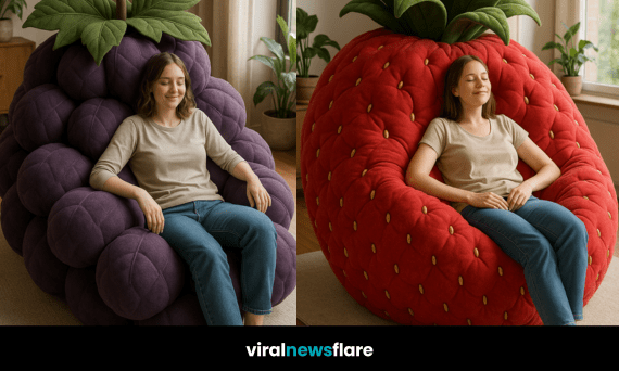 Collection of oversized fruit-shaped armchairs including pineapple, pear, grape, and strawberry designs.